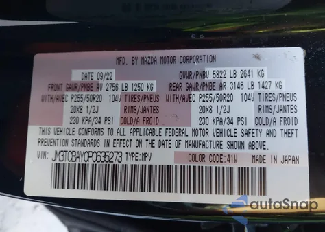 2023 Mazda Cx-9 Touring Plus из США, поврежденный, VIN JM3TCBAY0P0635273